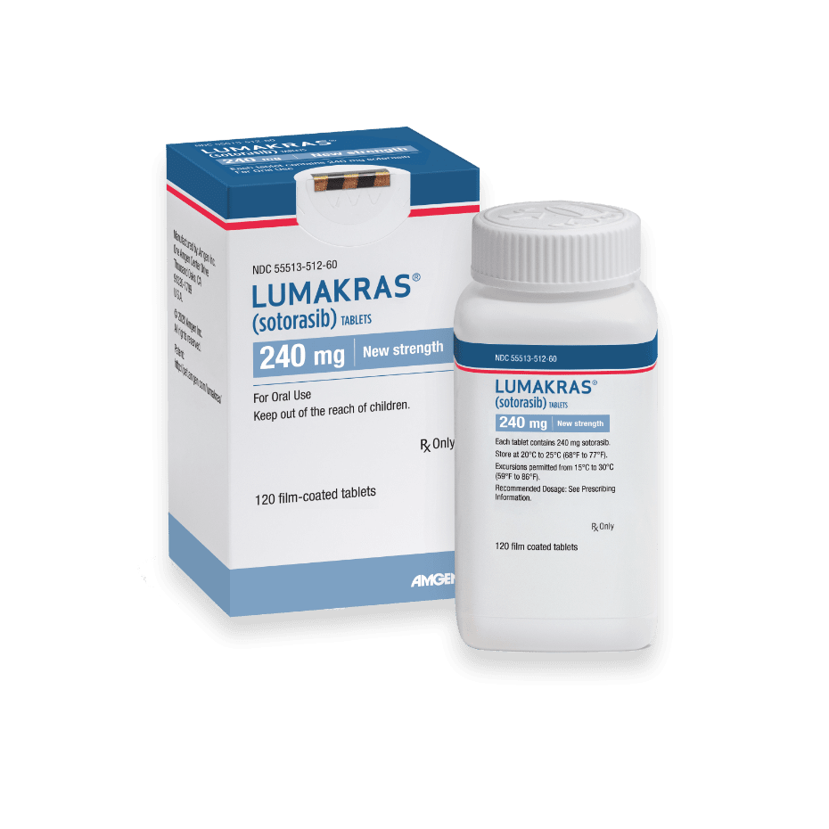 LUMAKRAS® (sotorasib) 240 mg tablets packaging and bottle by Amgen®