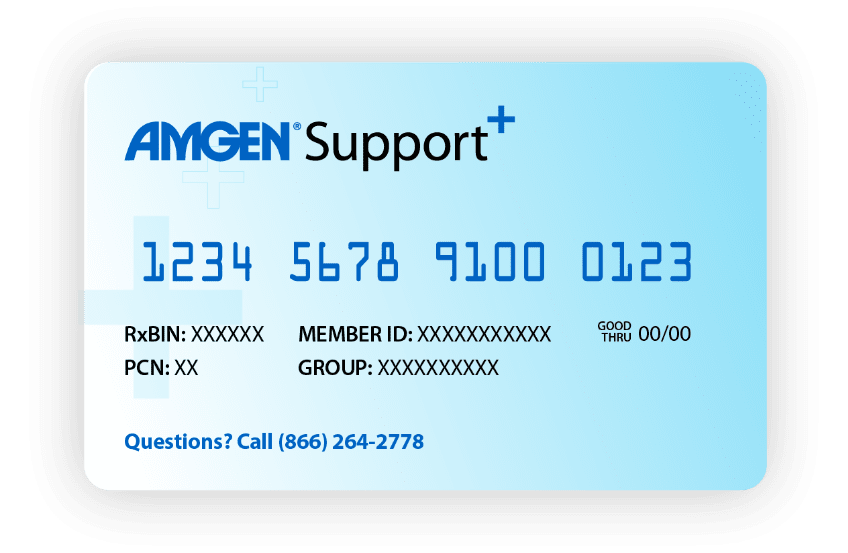 Amgen® Support+ card with sample member and pharmacy benefit information